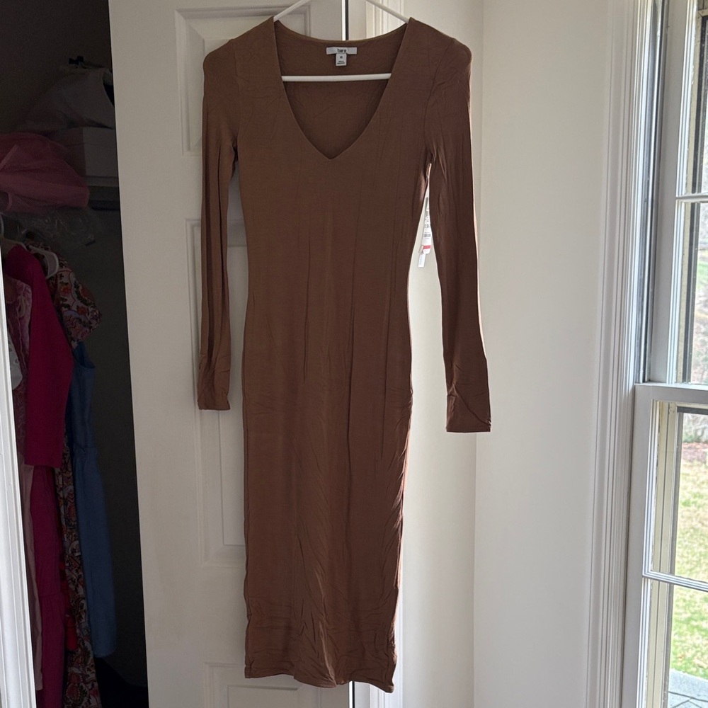 NWT Bar III Brown Long Sleeve V-Neck Bodycon Midi Dress